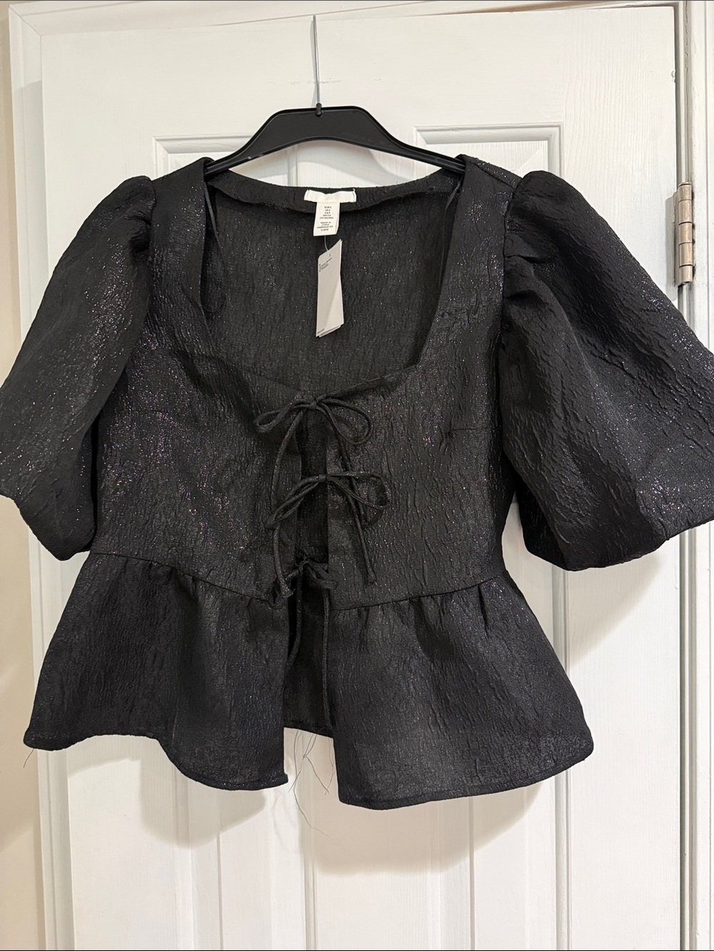 H&M Black Puff-Sleeve Lace-Up Peplum Blouse